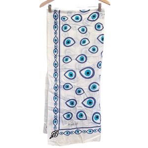 Bursa Ottoman Silk Scarf 68”x30” Made In Turkey Evil Eye Print Blue White Black